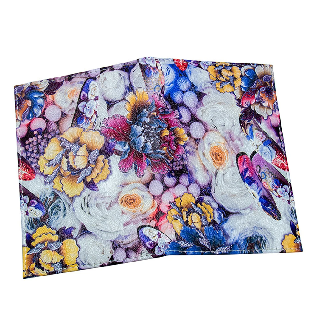 New Fashion Flower Pattern Travel Passport Holder Case Multi-function PU Passport Covers Women's ID Credit Card Holder Wallet