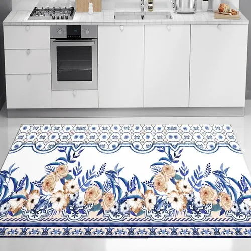 Else Carpet Blue Coffee Tile Flower Pattern Washable Non-Slip Base Kitchen Rug