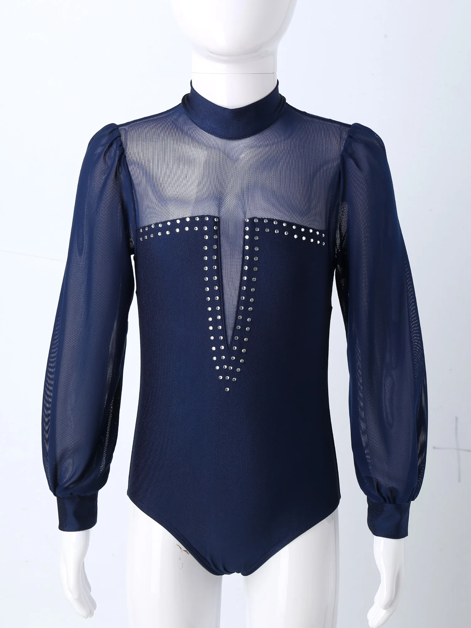 Tiaobug Meisjes Ronde Stand Hals Met Druk Op Knop Mesh Lange Mouwen Glinsterende Kristallen Dans Schaatsen Jumpsuit Turnpakje Bodysuit