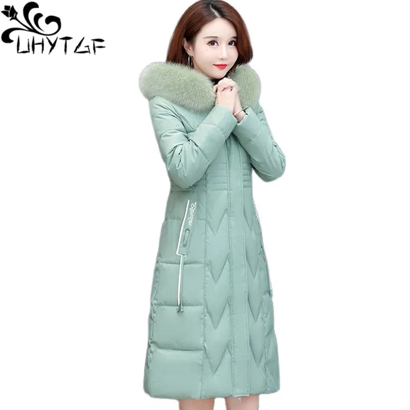 

UHYTGF Parka Women Winter Coat Fur Collar Hooded Down Jacket Casual Warm Outerwear Mid-Length Female 4XL Loose Size Overcoat2260