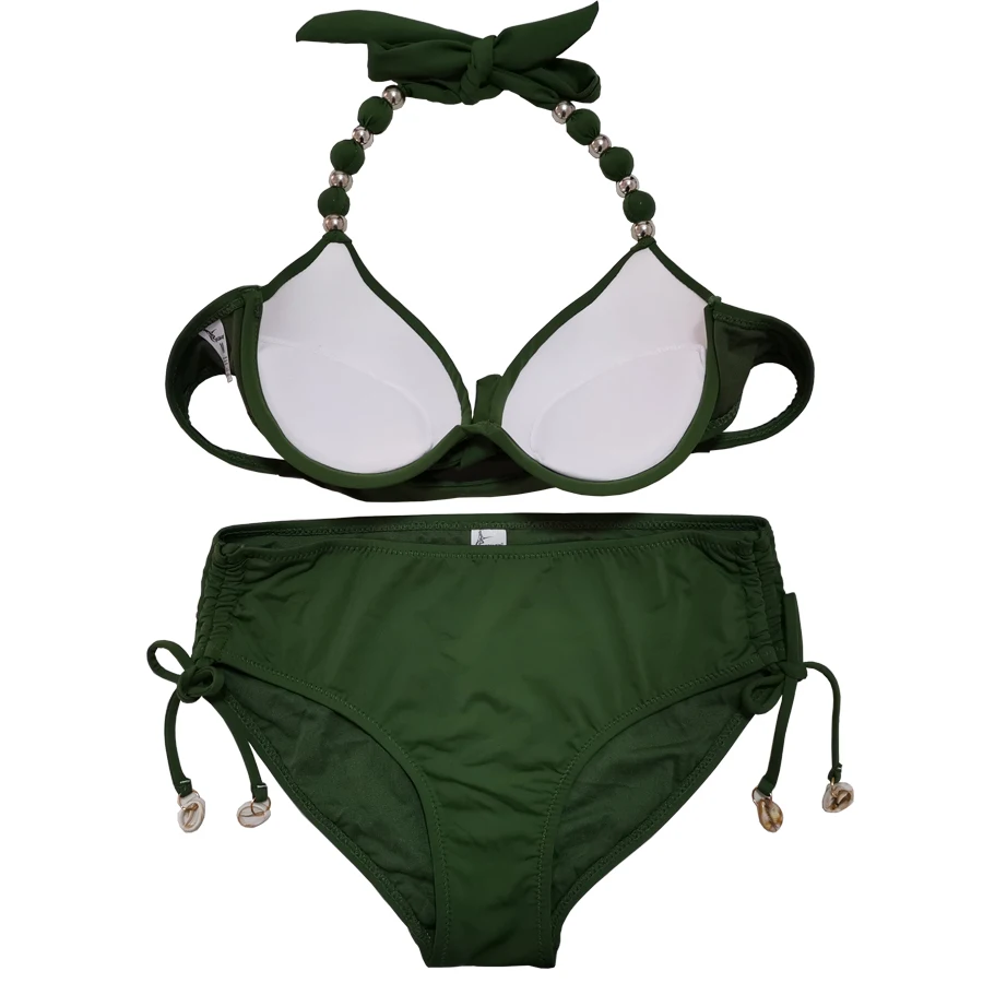 EONAR-Push Up Bikini Sets, Shoulder Strap, Beads Swimsuit, Mid Waist Bikini Sets, Full Coverage Bathing Suits, Swimwear