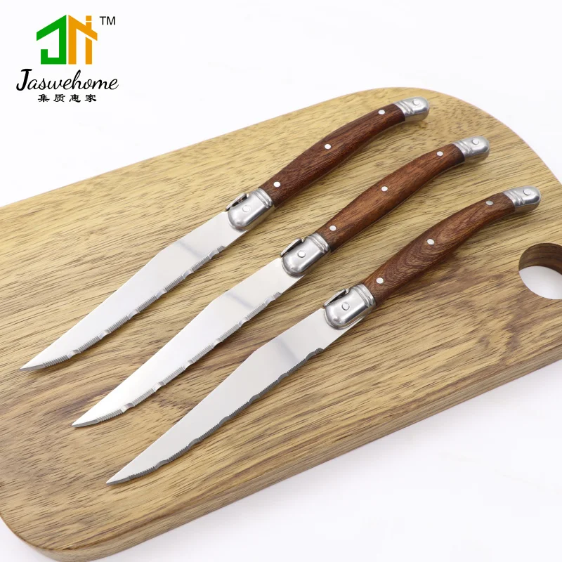 Jaswehome 6pcs Stainless Steel Steak Knife Set Dinner Tableware Set Rosewood Handle Cutlery Laguiole Knife Serrated Meat Knife