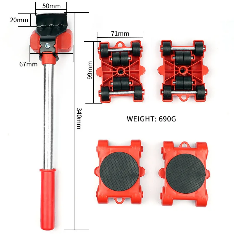 Furniture Mover Set Furniture Mover Tool Transport Lifter Heavy Stuffs Moving Wheel Roller Bar Hand Tools 5 Pcs Set