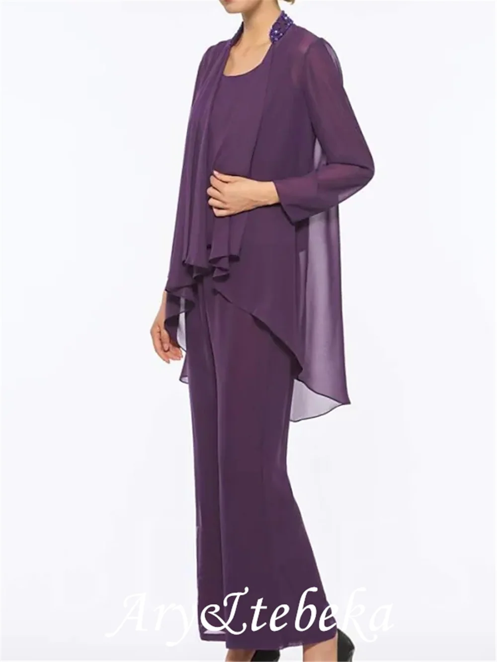 Broekpak/Jumpsuit Moeder Van De Bruid Jurk Elegante Jewel Hals Floor Lengte Chiffon Met Plooien 2021