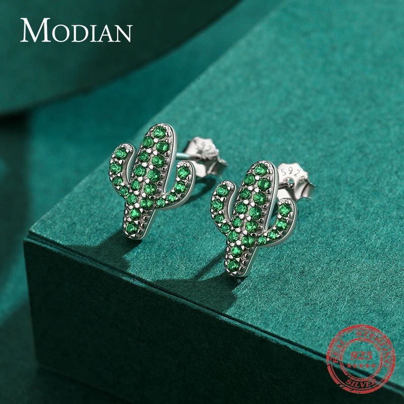 Modian 100% 925 Sterling Silver Plant Green Crystal Cactus Fashion Girls Stud Earrings For Women Clear Cubic Zircon Fine Jewelry