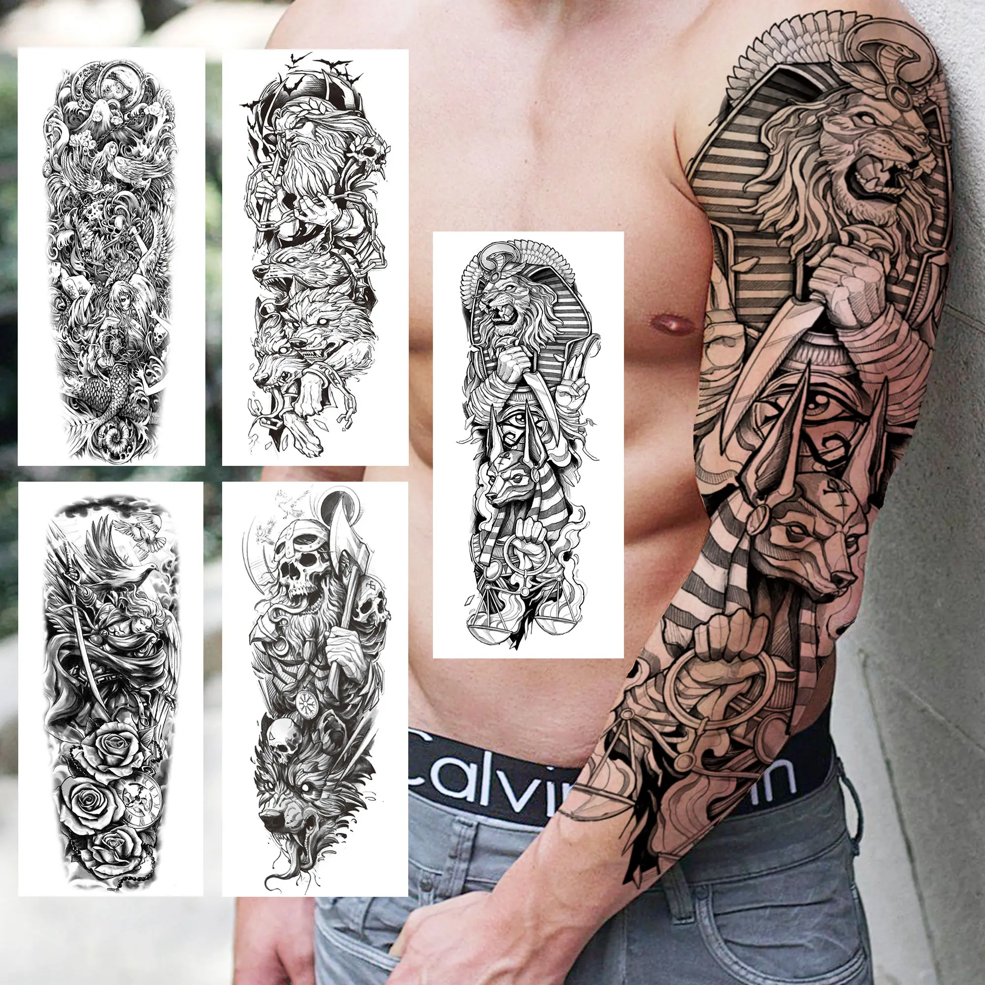 Realistic Indian Lion Full Sleeve Temporary Tattoos For MEN Women Skull Axe God Rose Fake Tattoo Sticker Water Transfer Tatoos