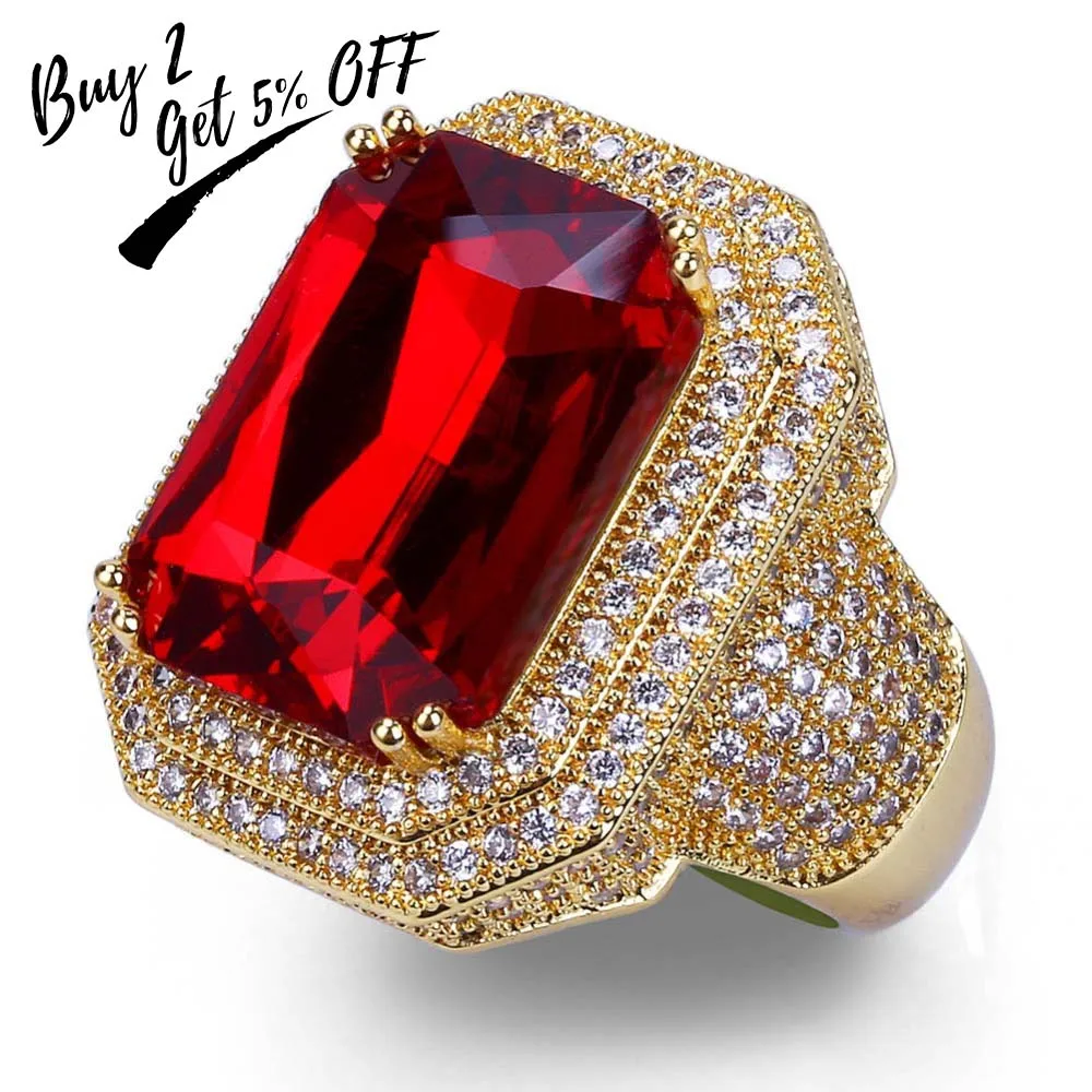 TOPGRILLZ New Fashion Hip Hop Ring Gold Color Plated Iced Out Bling Micro Pave CZ Stone Red Rhinestone Rings With 7,8,9,10,11
