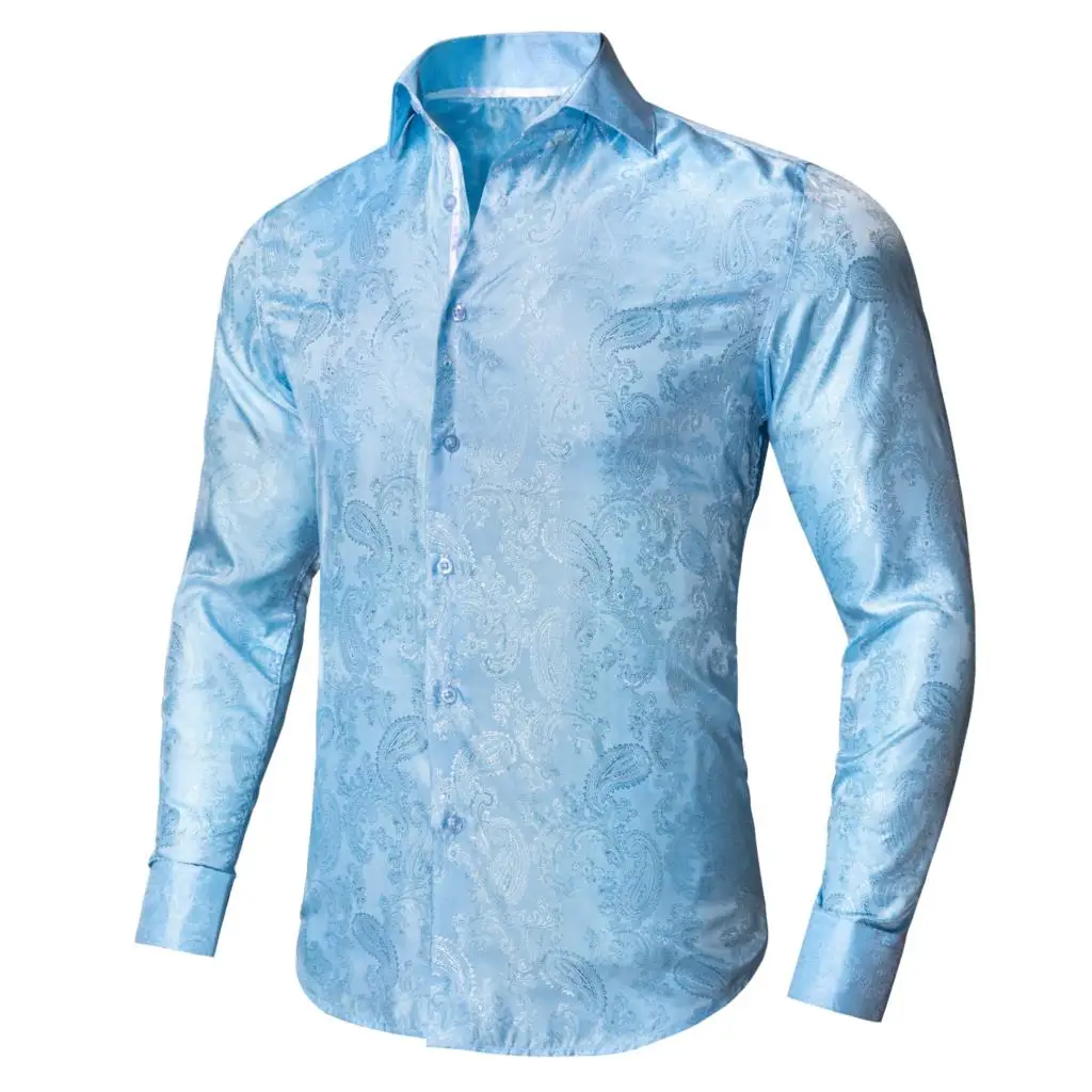 Light Blue Paisley Silk Men's Shirt Long Sleeve Casual Shirts For Men Jacquard Male Business Party Wedding Dress Hi-Tie