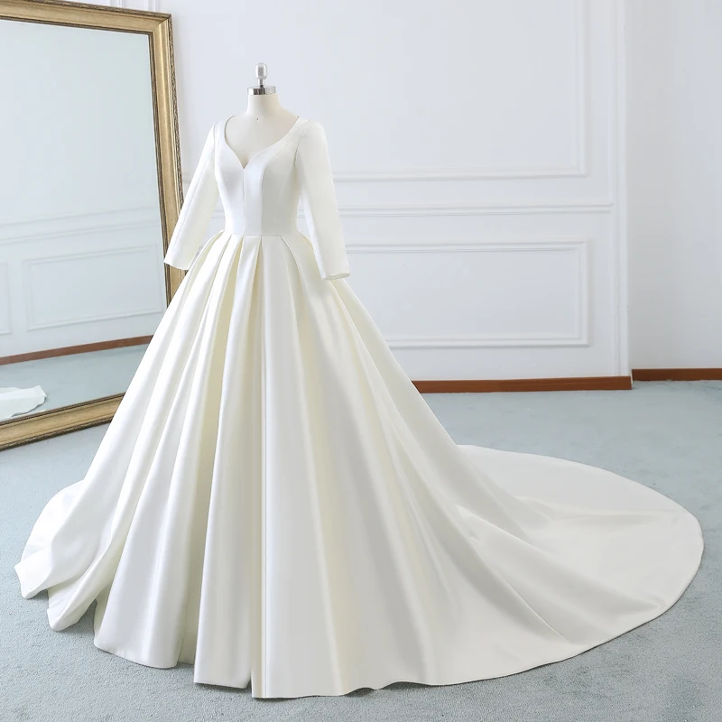 Folobe palácio princesa vestido de baile manga longa vestido de casamento vintage cetim com decote em v robe casamento vestido de noiva simples e clássico