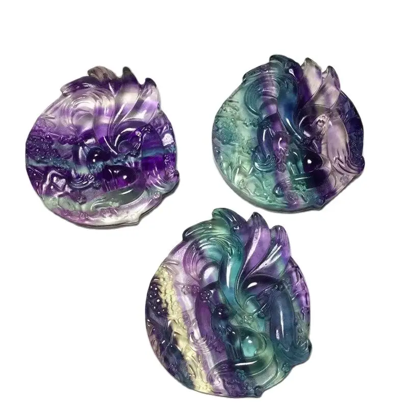 Natural Colorful Fluorite Nine-tailed Fox Stones Carved Crystals Animals Carving Healing Gemstone For Decoration