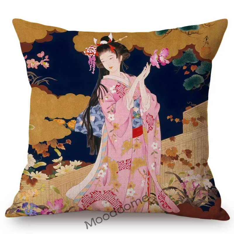Beautiful Pretty Japanese Geisha Cartoon Traditional kimono Girl Floral Cotton Linen Sofa Pillow Case Home Decor Cushion Cover