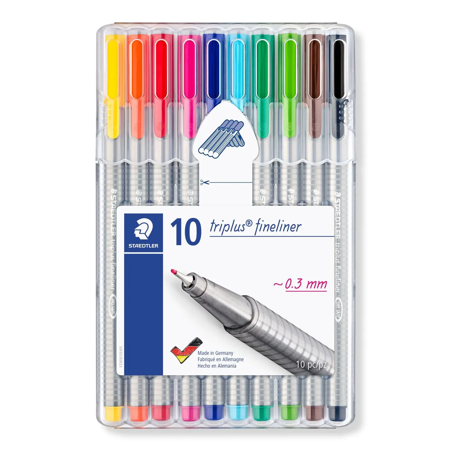 Staedtler Triplus Fineliner 334 SB10 Tips Desktop Box - Assorted Colours (Pack of 10)  box containing 10 triplus fineli