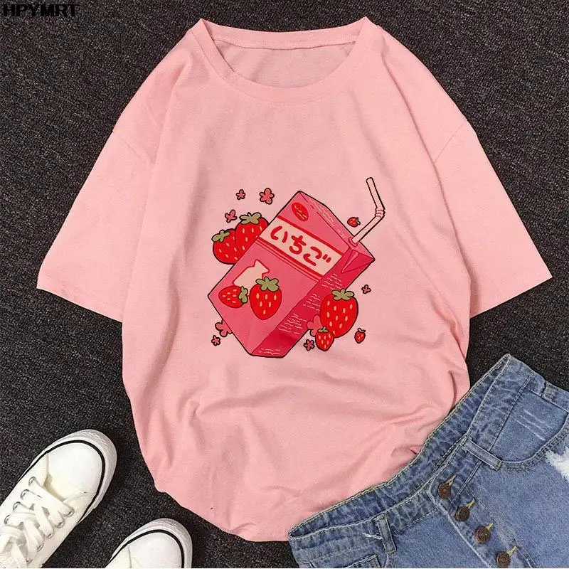 

Summer New Pink Fashion Korean Style Women's Japanese Strawberry Juice Drink Printed Harajuku Casual Loose Kawaii Female T Shirt