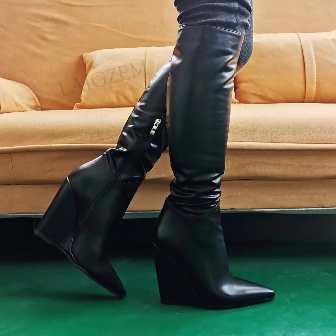 SEIIHEM Women Knee High Boots Wedges High Heels Faux Leather Zip Up Tall Boots Sapato Ladies Shoes Woman Big Size 41 43 45 47