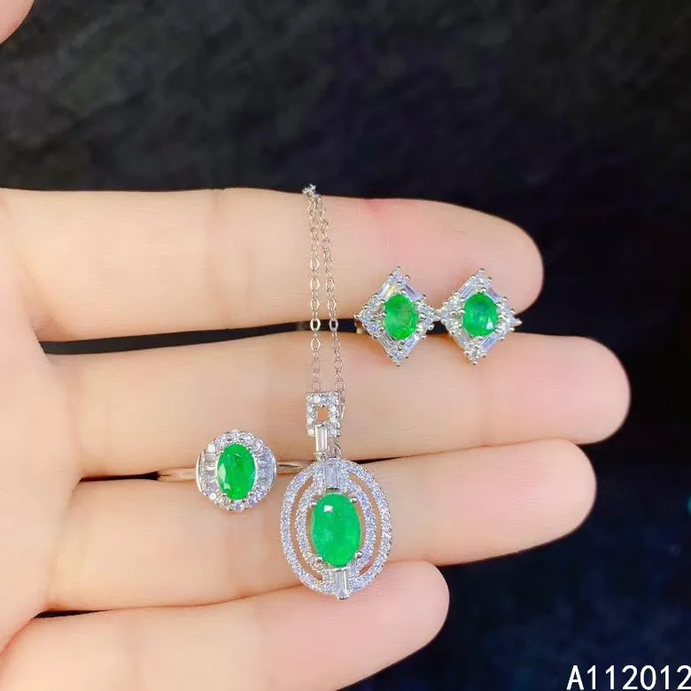 

KJJEAXCMY fine jewelry natural Emerald 925 sterling silver elegant girl pendant necklace chain earrings ring set support test