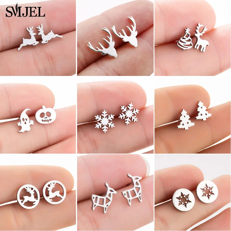SMJEL dessin animé Animal cerf boucles d'oreilles petit flocon de neige boucle d'oreille pour les filles en acier inoxydable bijoux de noël femmes pendientes