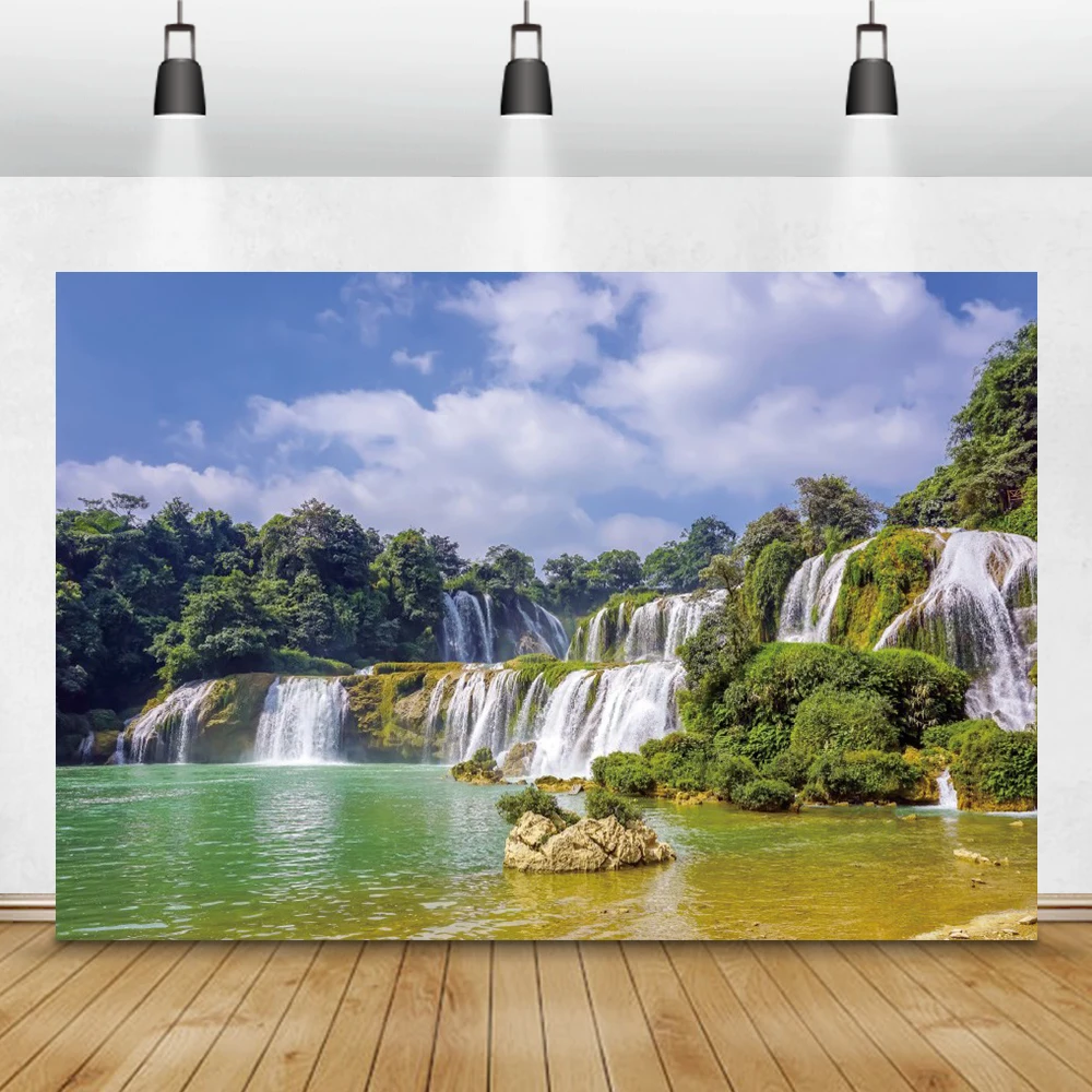 Laeacco Natural Landscape Photo Backdrops Cloudy Sky Forest Waterfall Mountains River Room Decor Photography Backgrounds Props