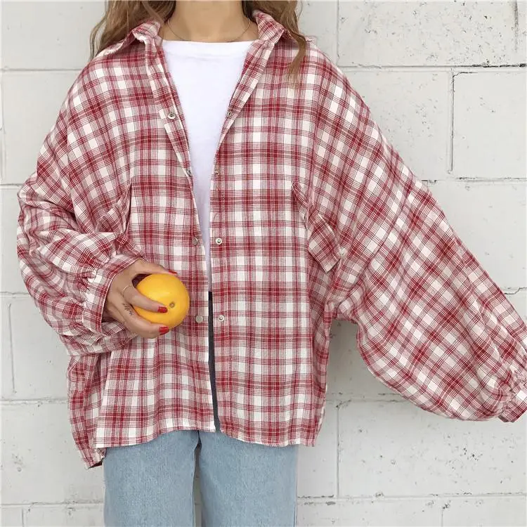 Autumn Long-Sleeved Top Female Loose Plaid Shirt Coat Blusas Ropa De Mujer