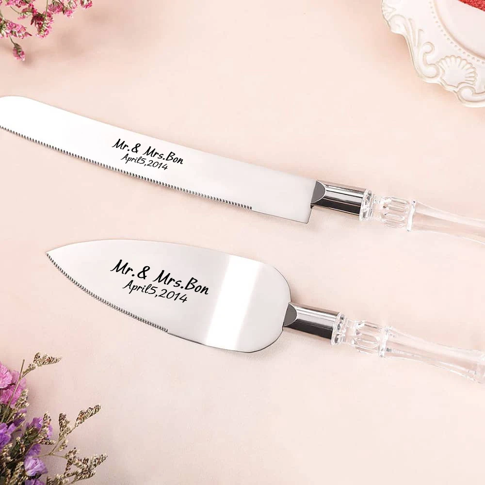 Personalized Wedding Cake Knife Server Set Laser Engraved Transparent Cake Shovel Set Custom Name Wedding Decoration Cake Cutter