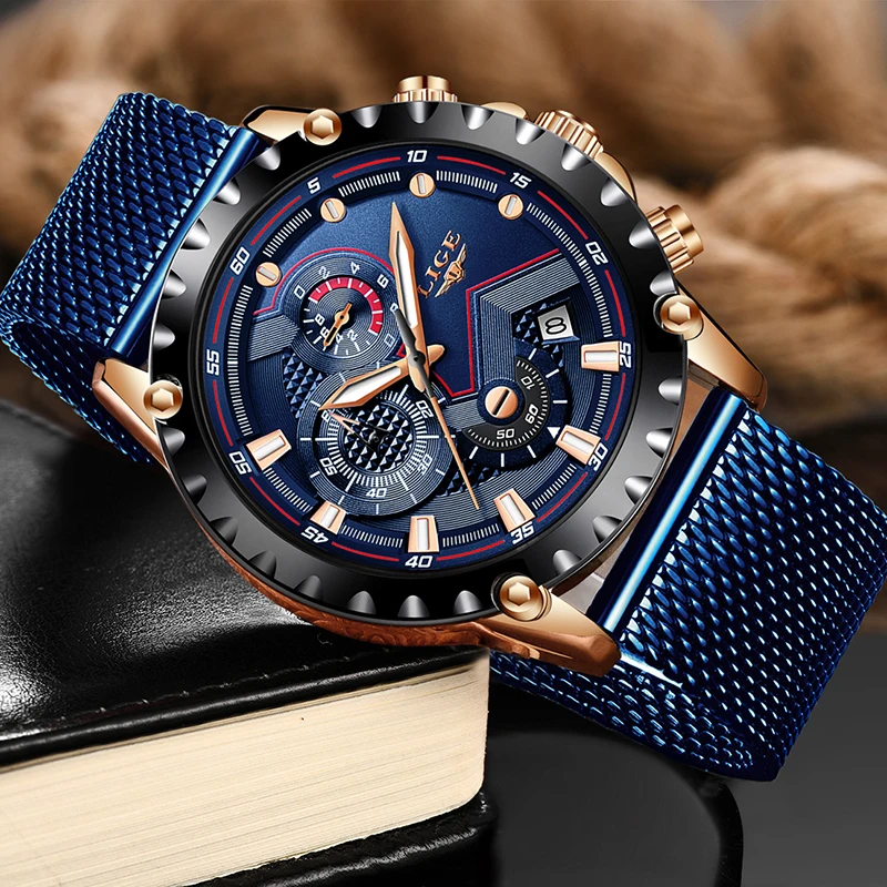 2023 New LIGE Blue Casual Mesh Belt Fashion Quartz Wristwatches Mens Watches Top Brand Luxury Waterproof Clock Relogio Masculino