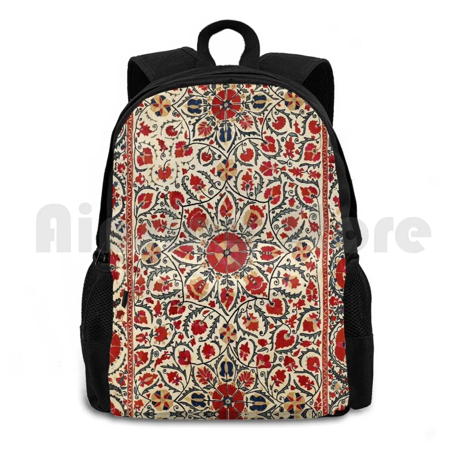 Bokhara Suzani Uzbekistan Colorful Embroidery Print Outdoor Hiking Backpack Waterproof Camping Travel Vintage Vintage Rug