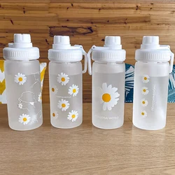 600ml Small Daisy Transparent Plastic Water Bottles with Straw Creative Frosted Water Bottle With Portable Rope Travel Tea Cup