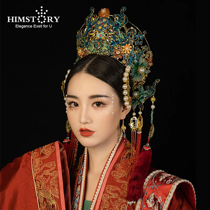 HIMSTORY Big Queen Ming Dynasty Hair Crown Retro Copper Chinese  Green Headpiece Red Tassel Hairwear Accessories