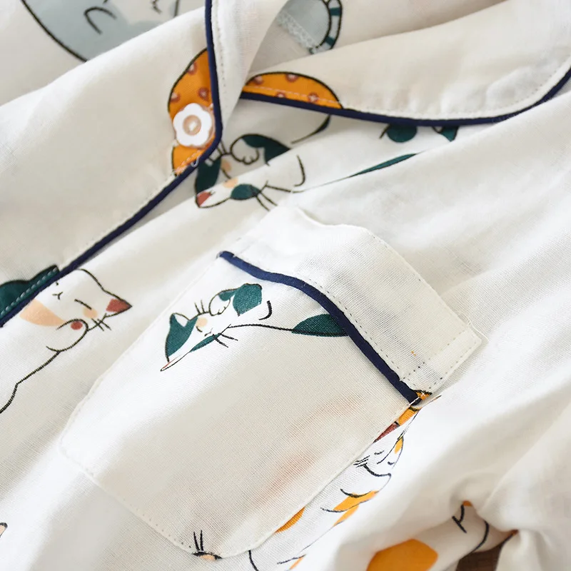 Japanische Sommer-Damen-Pyjamas, zweiteilig, 100% Baumwollgaze, dünn, kurzärmelig, Shorts, niedlicher Katzen-Cartoon, Hausanzug-Set für Frauen – Detail 6