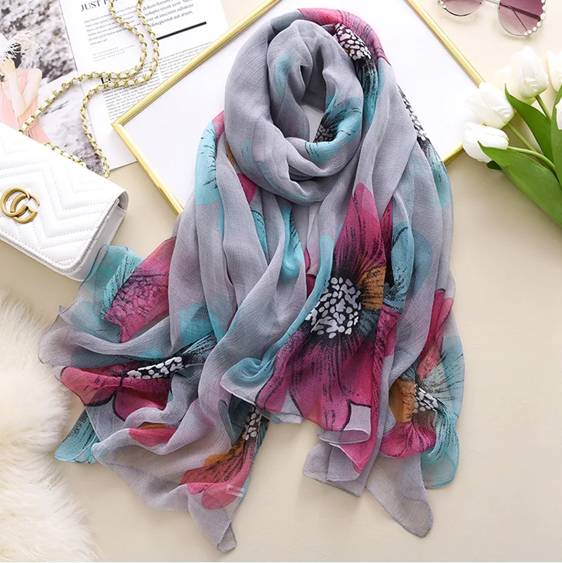 

KOI LEAPING new fashion flower print scarves female outside holiday Pretty soft scarf popular beach towel Sunscreen long scarf