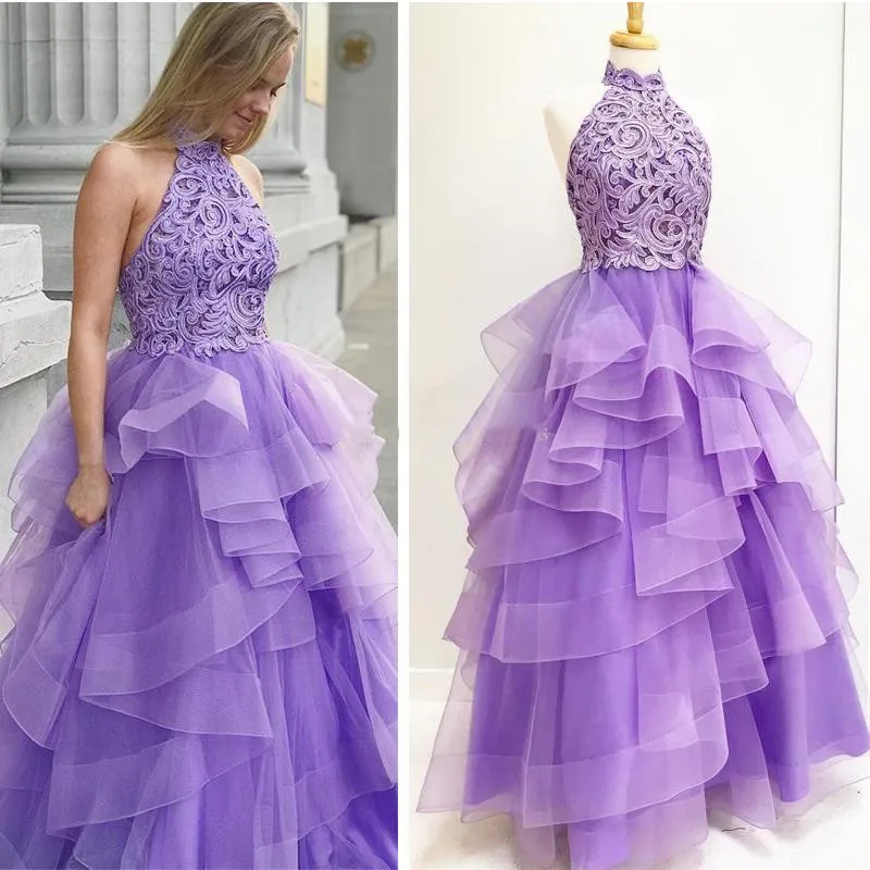 Purple Ruffles Tiered Skirt Prom Dresses High Neck Organza Lace Top Homecoming Dress Floor Length Custom Made Girls Party Gown