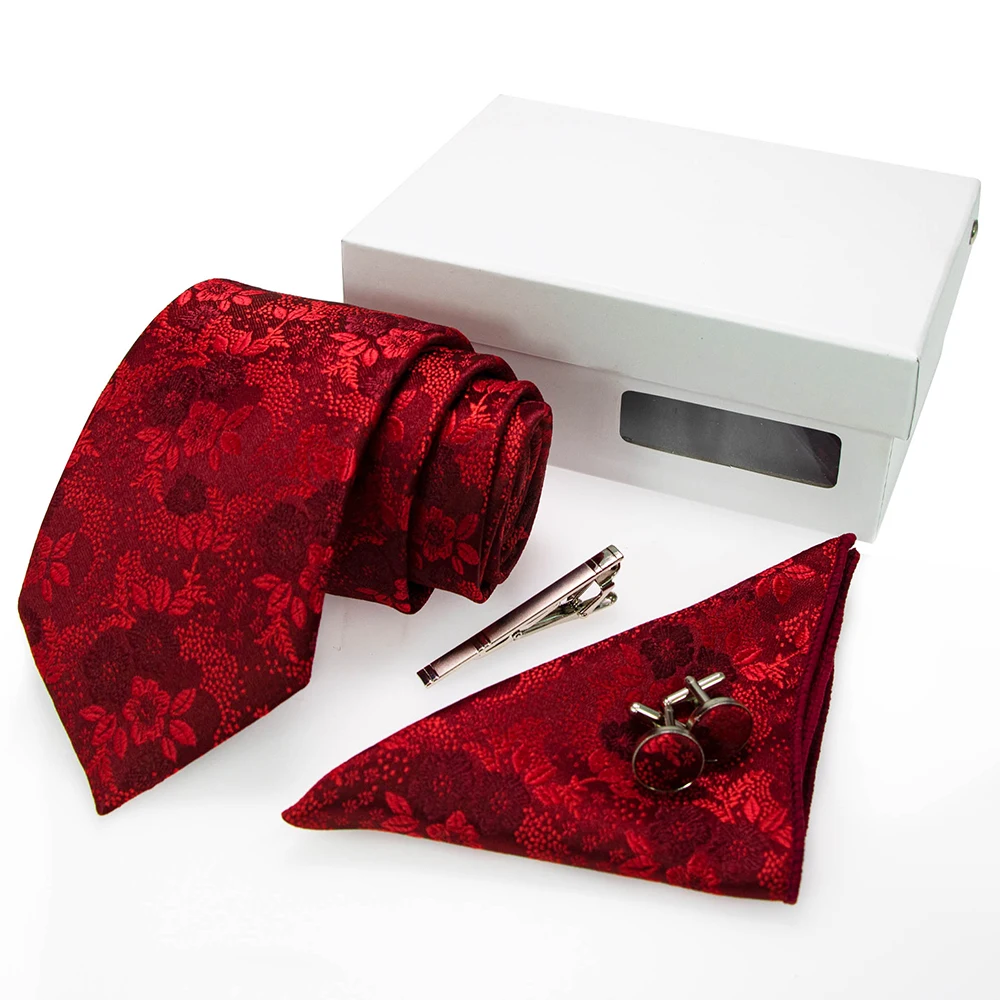 KAMBERFT Fashion Floral Ties Jacquard Woven gravata Tie Hanky Cufflinks Gift Box Necktie Sets For Wedding Party Accessories