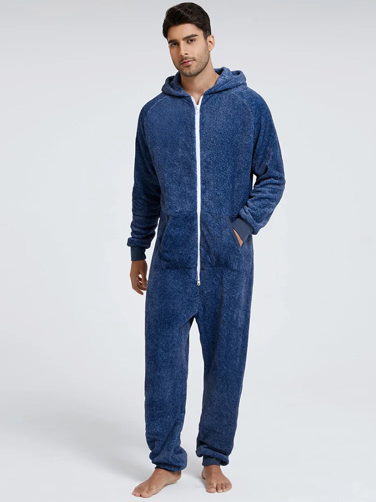 Winter Hoodies For Men Solid Flannel Jumpsuit Long Sleeve Mens One-piece Pajamas Sleepwear