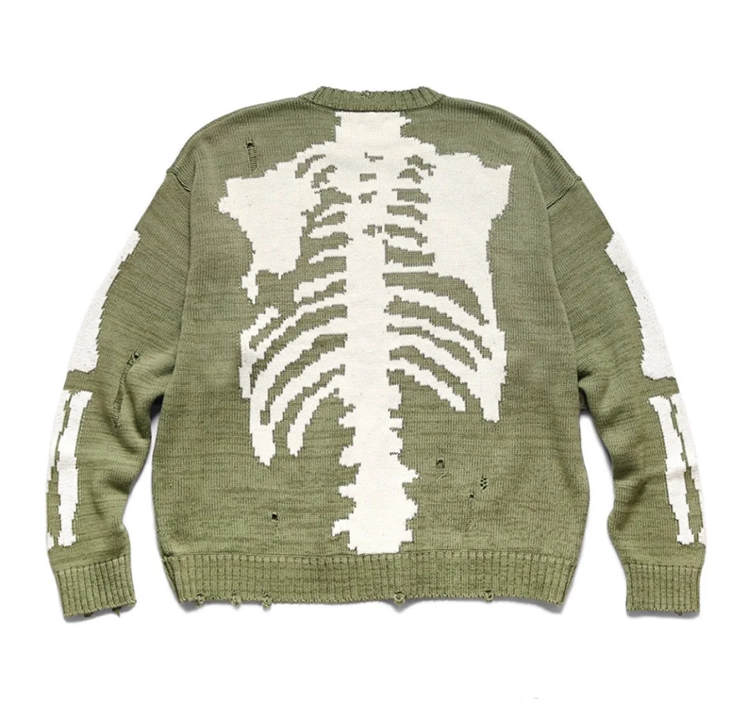 Women's tops Green Loose Skeleton Bone Printing Sweater Damage Hole y2k top Vintage Knit Sweater grunge sweater harajuku sweater