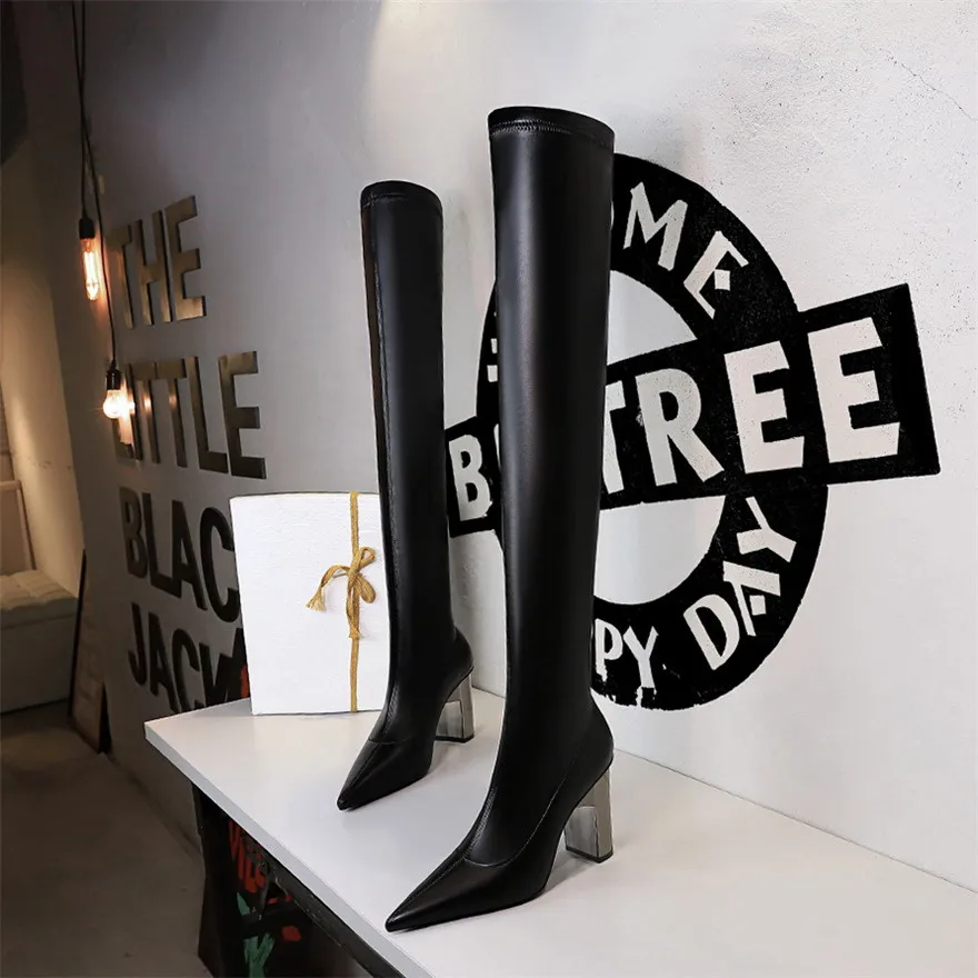 Black Women Over The Knee Boots Plus Size 34-43 Thick Heel Soft Leather Pointed Toe Autumn Long Boots Slip On Casual Party Shoes