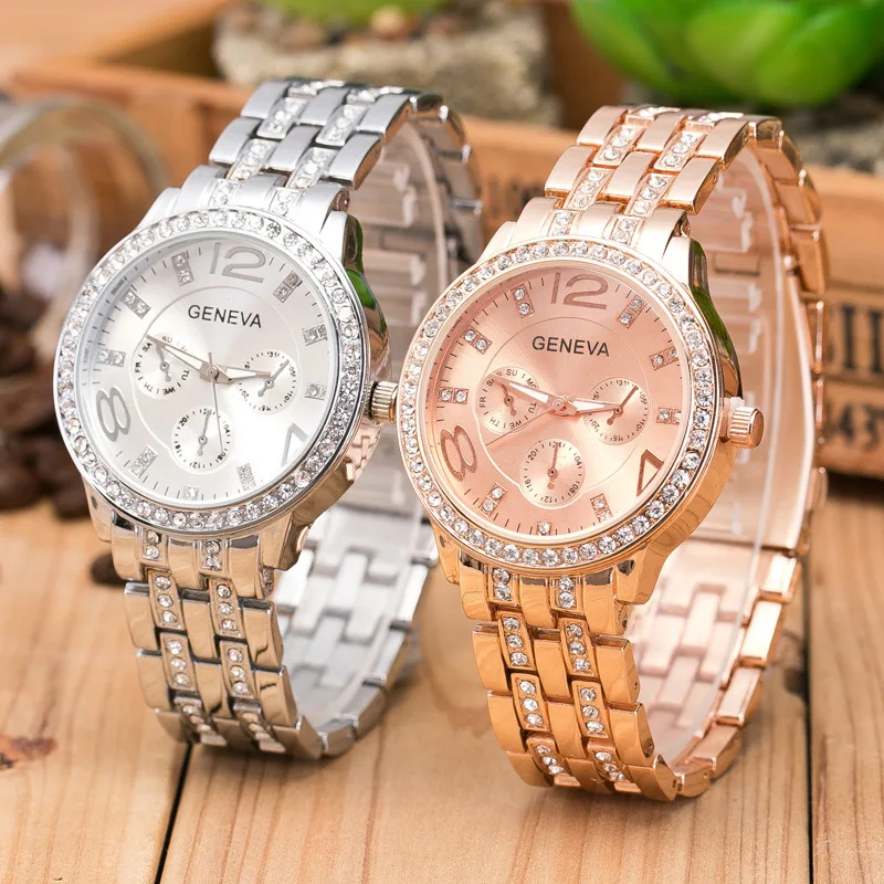 

Luxury Geneva Brand Women Gold Stainless Steel Quartz Watch Military Crystal Casual Wrist Watches Rhinestone Relogio Feminino