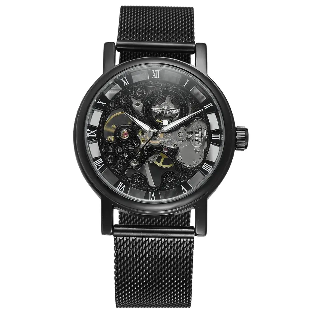 

WINNER WATCH trend fashion Roman black openwork dial low-key luxury men's alloy strap mechanical wrist watch