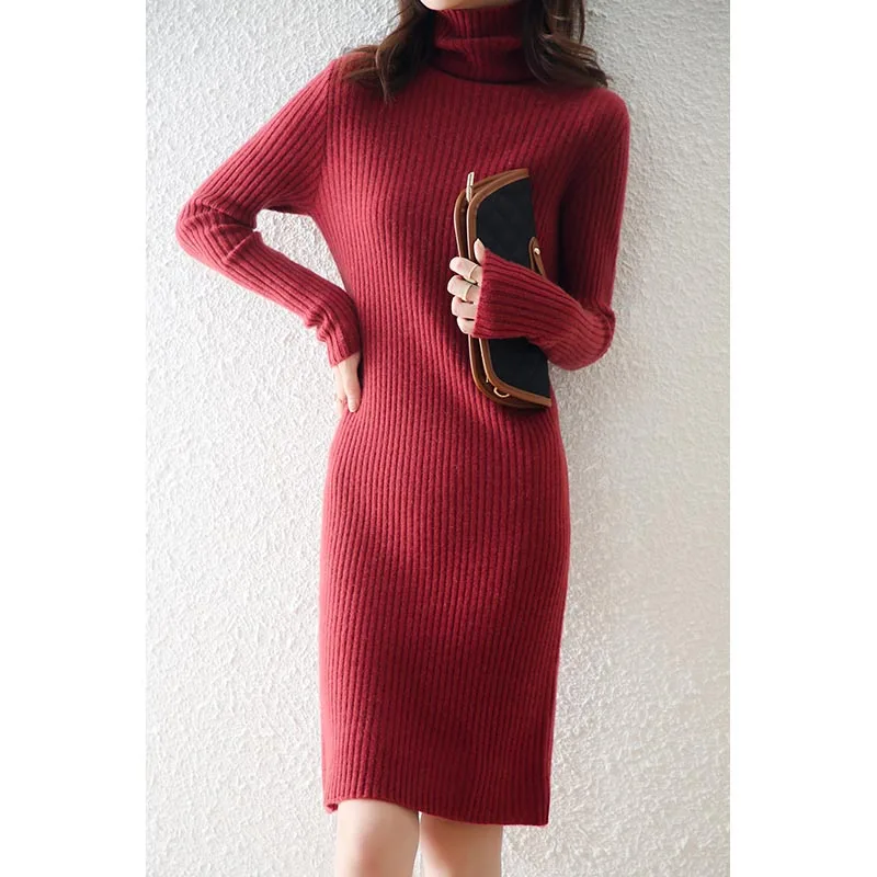 100% Pure Wool Knitted Sweaters Women Hot Sale Turtleneck Dresses Long Winter Warm Soft Woolen Knitwears Female Jumpers