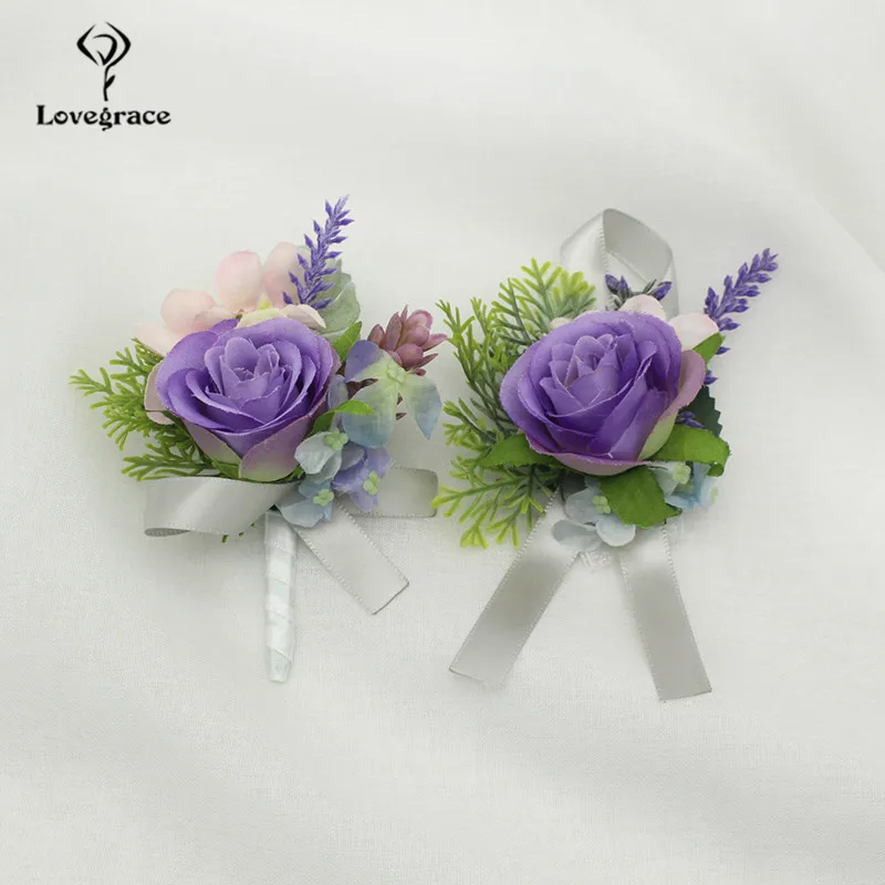 Lila Rose Brautjungfer Corsage Armbänder Blumen Blume Im Knopfloch Trauzeuge Hochzeit Silk Blumen Hochzeit Zeuge Ehe Zubehör