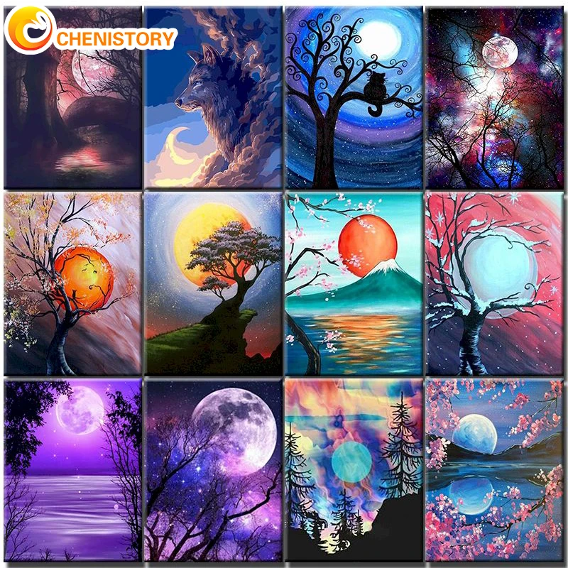 

CHENISTORY Oil Paintings By Number DIY Moonlight Scenery Coloring Paint Home Decor Adults On Canvas Painting For Living Room Art