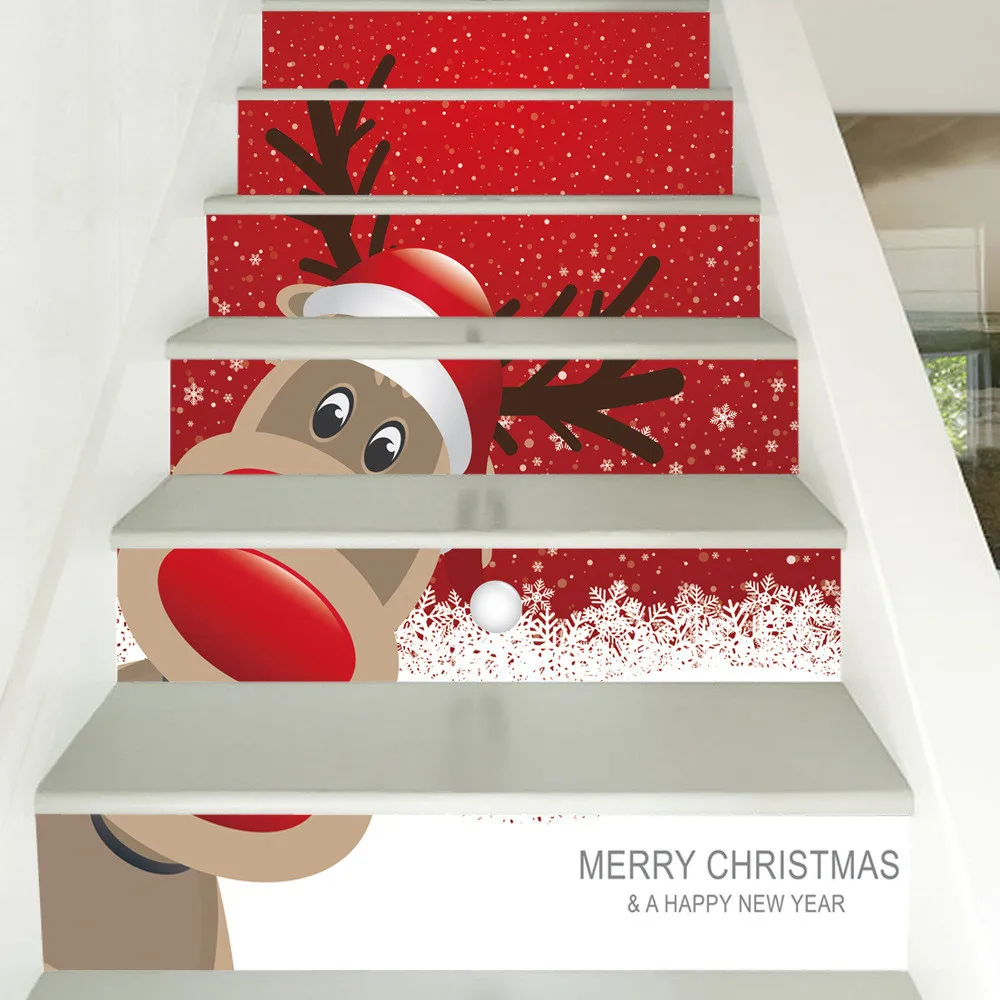 Cartoon CuteElk Home Decor Living Room Stairway Stickers Festival Decoration Removable Waterproof Stair Mural Decals 6pcs/13pcs