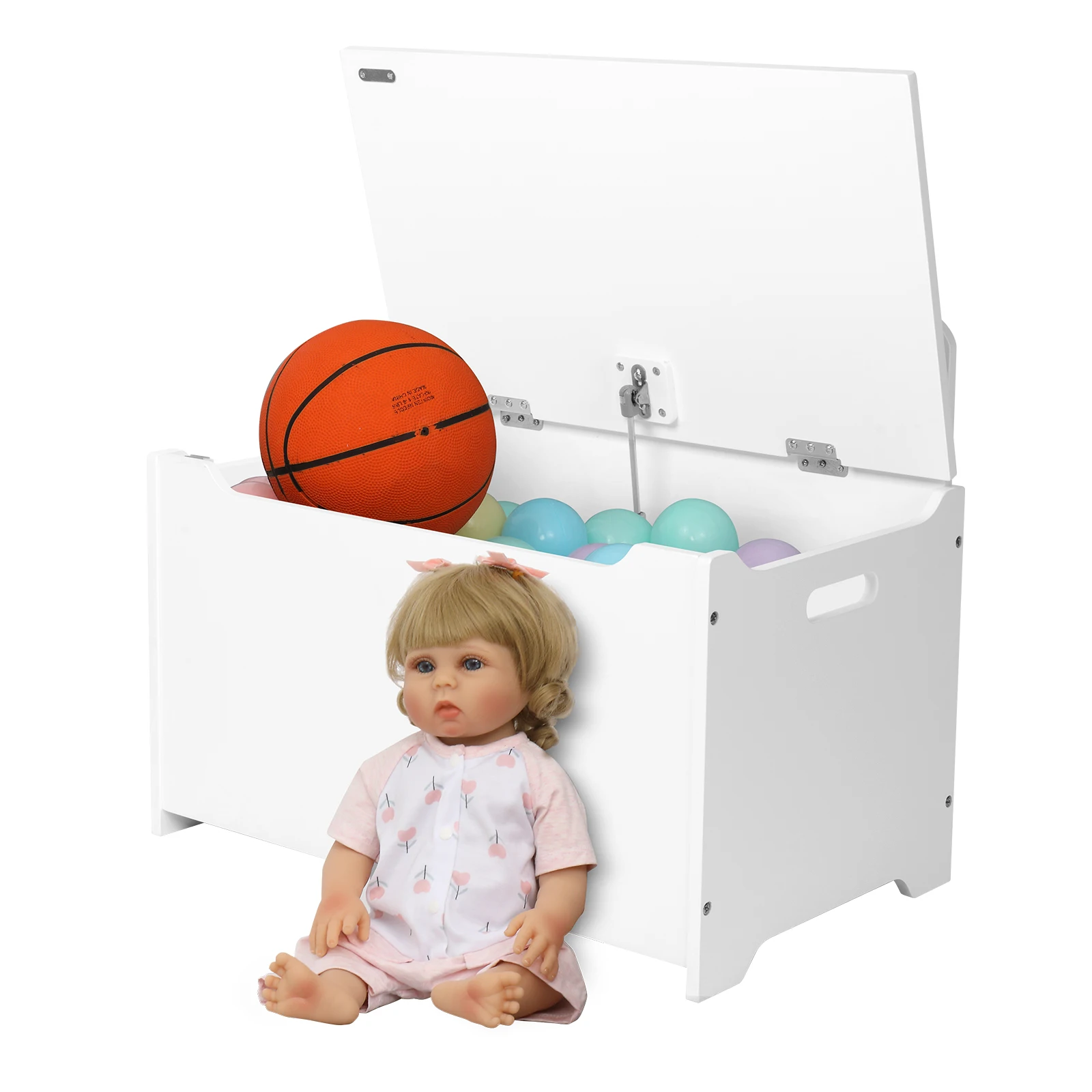 Wooden Toy Box and Storage Chest Entryway Bench 60x36x54CM with 2 Safety Hinges White/Gray[US-Stock]