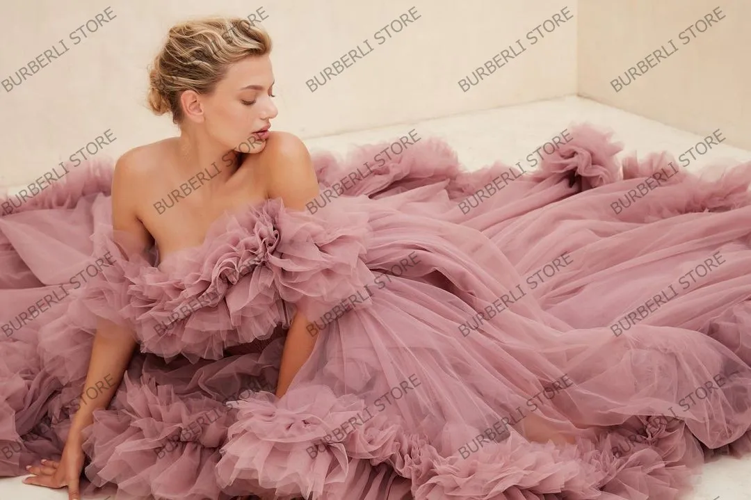 Trendy Dusty Pink High Low Mesh Prom Gowns Off Thr Shoulder Ruffles Tulle Formal Party Dress Fluffy Long Prom Dresses