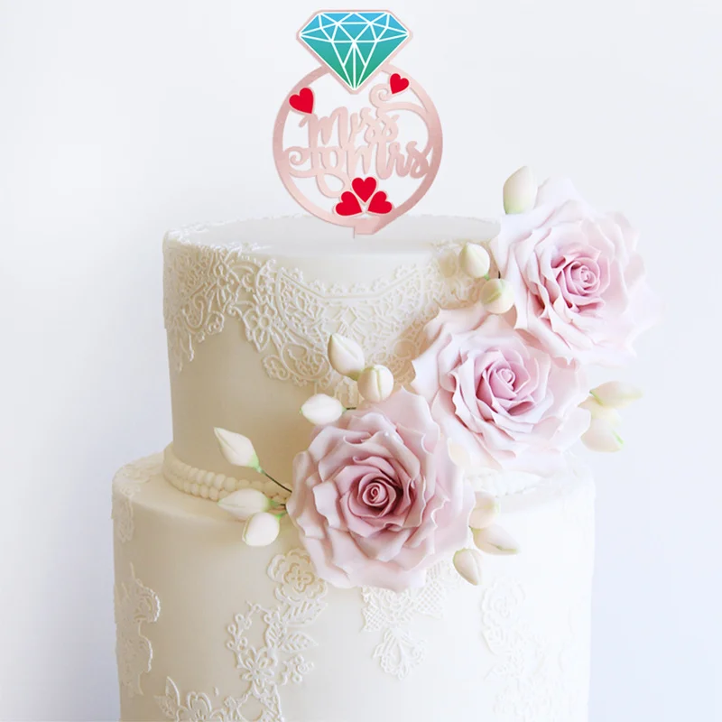 Romantic Wedding theme Cake Topper Diamond Ring Wedding Party Cake Flags Color Printing Engagement/Confession Cake Dessert Adorn