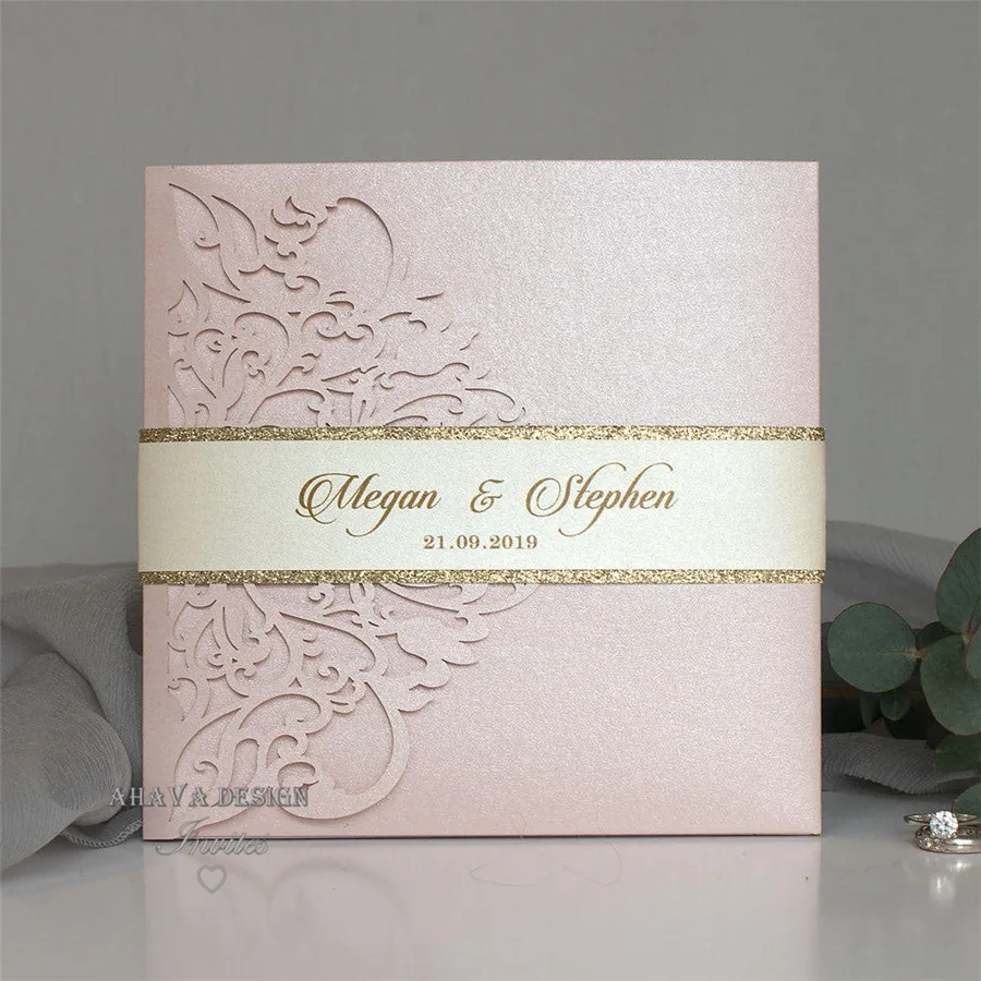 Romantic Blush Pink Spring Flower Glittery Laser Cut Pocket Wedding Invitation Kits With Belly Band And RSVP Card