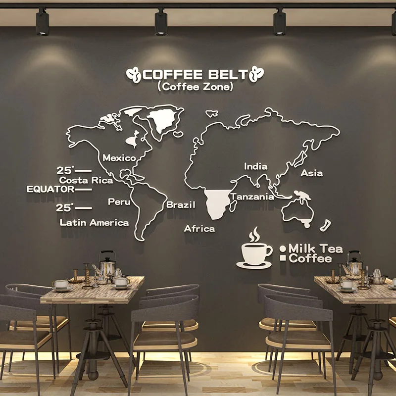 WS231 Coffee Map Wall Sticker acrylic 3D milk tea shop dessert Hotel snack restaurant wall decoration sticker painting