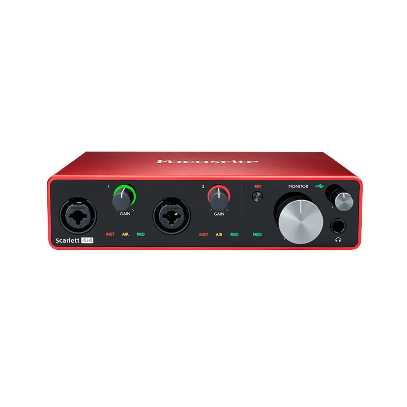 بطاقة الصوت Focusrite Scarlett 4i4 واجهة الصوت الثالثة أربعة مدخلات خطية متوازنة لتوصيل أجهزة التركيب وآلات الطبل