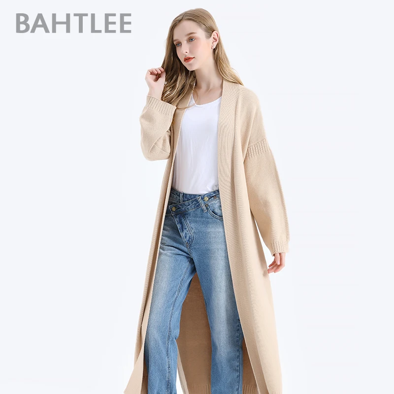 BAHTLEE-Women\'s Cashmere Coat with Belt, V-Neck Cardigan, Wool Sweater, Knitted, Long Sleeves, Loose Coat, Autumn, Winter