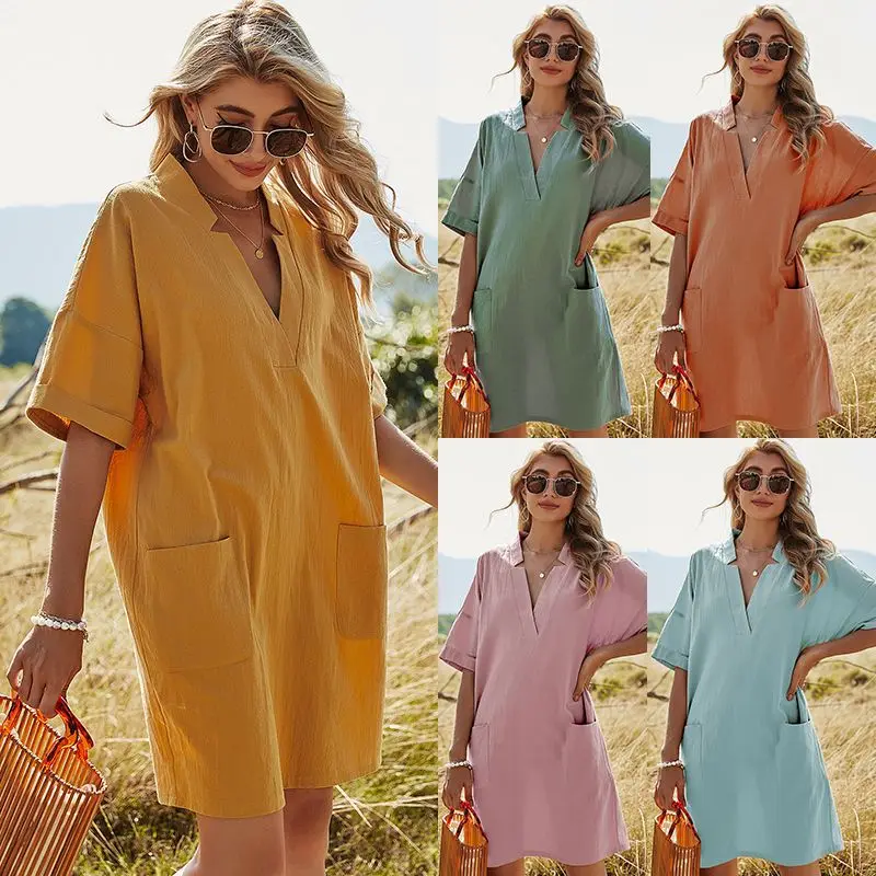 2021 Summer Women Solid Color Fashion Dress V neck  Akimbo A Line Skirt Bag Casual Loose Short Sleeve Dress Female Vestido