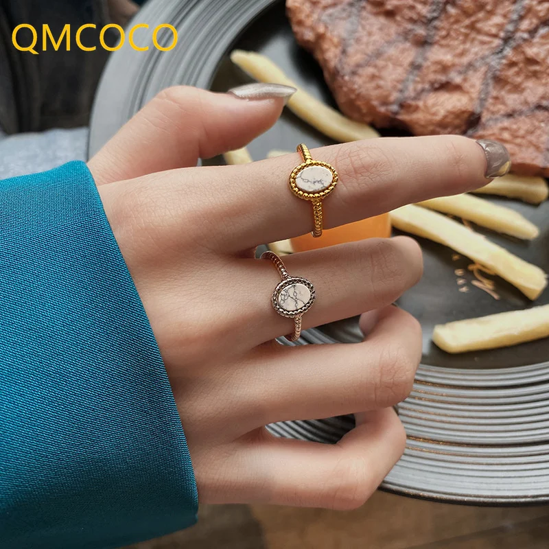 QMCOCO  Silver Color Rings Vintage Korean New Fashion Temperament Design Ellipse Geometric Elegant Bride Jewelry For Woman Gifts