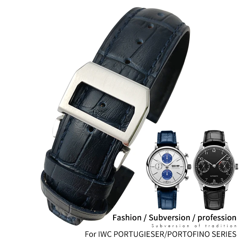 20mm 21mm 22mm Leather Cowhide Watch Band Replacement for IWC Portugieser Porotfino Family PILOT\'S Watches Strap Folding Buckle